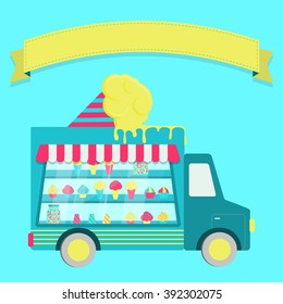 Vector of colorful ice cream truck with sweets and ice creams. Flat design.