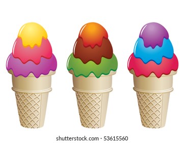 vector colorful icecream cones. collection of ice cream cone design. icecream with waffle illustration