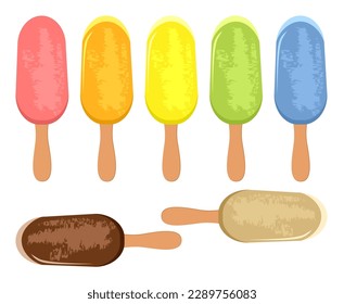 vector colorful icecream popsicles isolated on white background. fruit and chocolate icecream on sticks