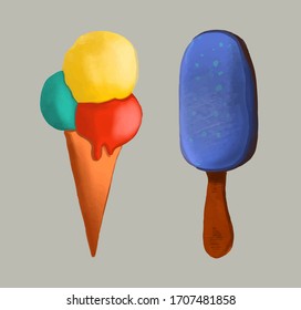 Vector colorful ice-cream with three balls and cream in cartoon style with shadow texture