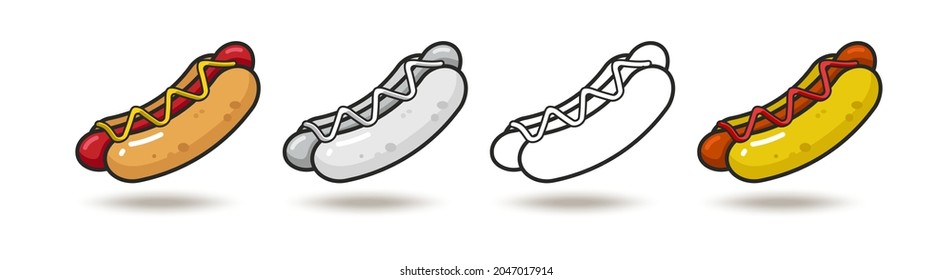 Vector colorful icon of four hot dogs. Isolated on white background.