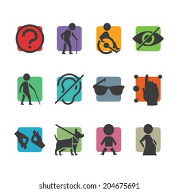 Vector Colorful Icon Set Of Access Signs For Physically Disabled People Like Blind Deaf Mute And Wheelchair