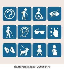 Vector colorful icon set of access signs for physically disabled people like blind deaf mute and wheelchair