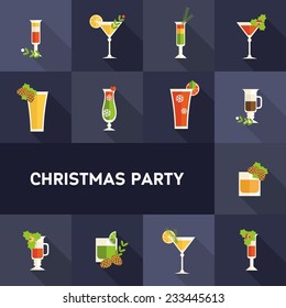 Vector colorful icon set of alcohol drinks decorated for christmas