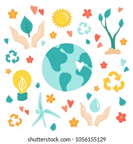 Vector colorful icon set of the Earth Day. Hand drawn doodle illustration about ecology. Greeting card for the Earth Day. signs devoted to care for nature, ecology, Earth Day celebration and recycling