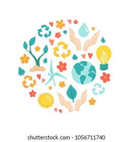 Vector colorful icon set of the Earth Day in circle. Hand drawn doodle ecology illustration. Greeting card for the Earth Day. Care for nature, ecology, Earth Day celebration and recycling