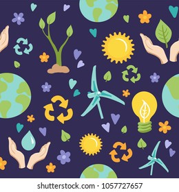 Vector colorful icon set of the Earth Day. Hand drawn doodle illustration about ecology. Greeting card for Earth Day. Pattern devoted to care for nature, ecology, Earth Day celebration and recycling