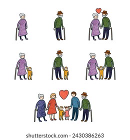 Vector Colorful Icon Set With Illustrations of Grandparents Isolated on White Background