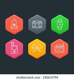 Vector colorful icons set in hexagons on the dark background