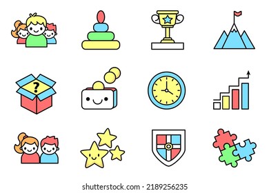 Vector colorful icons set for pre-school education, achievements, development, economy, safety, play, small kids