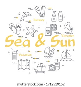 Iconos de colores vectoriales de banner de verano con texto Mar y Sol