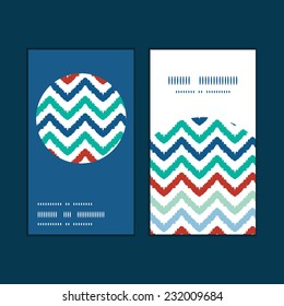 Vector colorful ikat chevron vertical round frame pattern business cards set