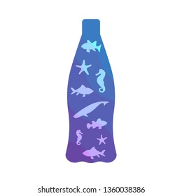 Vector colorful illustation with isolated icons of sea creatures in the World ocean framed by bottle silhouette. Plastic pollution. White background