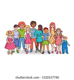Vector colorful illustraion on the theme of children. Cartoon characters on white background. Multiracial kids standing in line