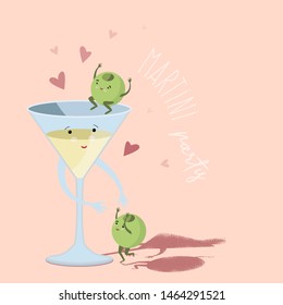 Vector colorful illustratiom cocktail martini with olives. Cute comic drink cartoon characters, best friends vector illustration. Delicious combinations of alcoholic cocktail and snacks. Martini party.