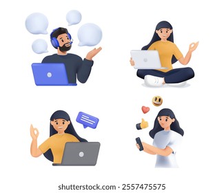 Vector colorful illustration in 3D style of communication via the Internet, social networking,chat, video,news,messages,web site, search friends, mobile web vector. 3D render realistic charcters