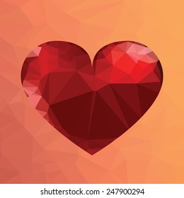 Vector Colorful Illustration  with Abstract Glass Red Heart Icon on Orange Polygonal Background. Valentines Day Greeting Card