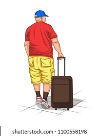 Vector colorful illustration of an adult european man walking with a luggage. Fat traveller with suitcase wearing summer clothes