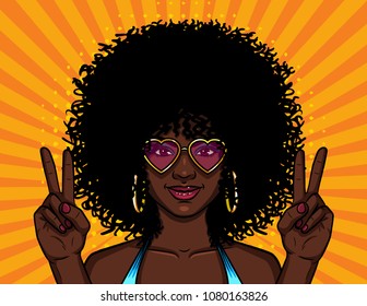 Vector colorful illustration of african american hippie woman in pink sunglasses over halftone yellow background. Girl with curly afro hairstyle at the party