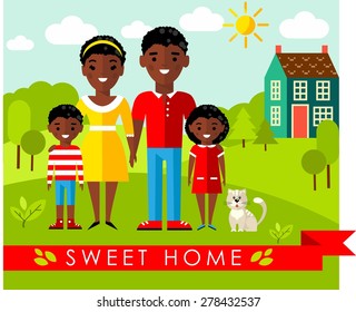 Vector colorful illustration of african, american family and house in flat style
Set of pictures african, american family and landscape with home concept
