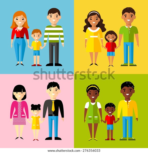 アフリカ系アメリカ人 アジア人 アラブ人 ヨーロッパ系家族のベクター画像のカラフルなイラスト 国際的な家族のセット 母親 父親 女の子 男の子 のベクター画像素材 ロイヤリティフリー