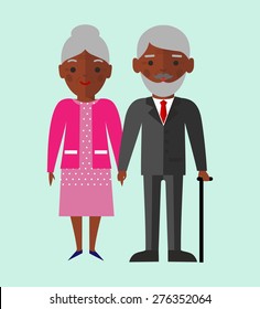 Vector colorful illustration of African-American old pensioner family 
Set of  African-American adult family, grandfather, grandmother
