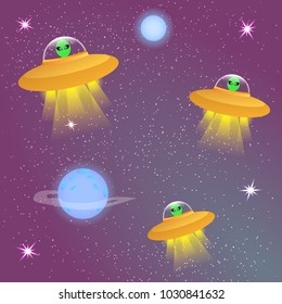 vector colorful illustration of aliens in spaceships