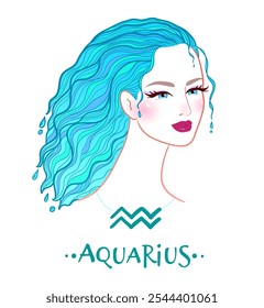 Vector colorful illustration of Aquarius zodiac sign female portrait