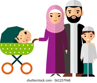  Vector colorful illustration of arab  family in national clothes Traditional muslim parents with two children boy and girl 