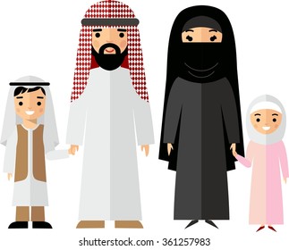 Vector colorful illustration of arab  family in national clothes Traditional muslim parents with two children boy and girl 
