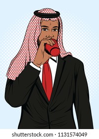 Vector colorful illustration of Arabic businessman drinking a coffee. Muslim traditional man with cup of drink. Man from Saudi Arabia keep plastic cup at his hand
