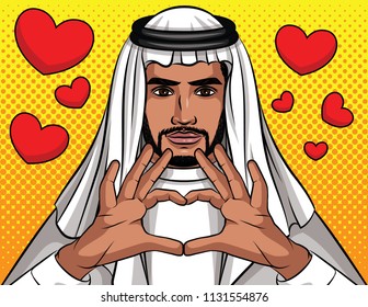 Vector colorful  illustration of Arabic man making sign of heart from his hands. Muslim traditional man showing love. Man from Saudi keep hands close up in heart shape