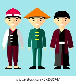  Vector colorful illustration of asian boys in national clothes Set of  chinese, japanese, asian boys dressed in national costumes 