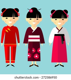  Vector colorful illustration of asian girls in national clothes Set of  chinese, japanese, asian girls dressed in national costumes 