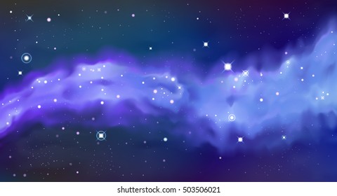 Vector colorful Illustration. Astrology horizontal background. Outer space bright backdrop. Universe. Blue galaxy. Fog. Dark blurred fond. Stars. Watercolor. Nebula. Cosmic dust. 