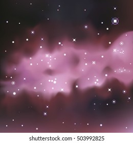 Vector colorful Illustration. Astrology horizontal magenta background. Outer space bright backdrop. Universe. Red galaxy. Fog. 