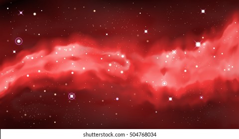 Vector colorful Illustration. Astrology horizontal red background. Outer space bright backdrop. Universe. Crimson galaxy. Fog. Dark blurred fond. Stars. Watercolor. Nebula. Cosmic dust. 