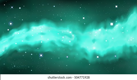 Vector colorful Illustration. Astrology horizontal cyan background. Outer space bright backdrop. Universe. Turquoise galaxy. Fog. Dark blurred fond. Stars. Watercolor. Nebula. Cosmic dust. 