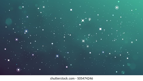 Vector colorful Illustration. Astrology horizontal cyan background. Outer space backdrop. Universe. Turquoise galaxy. Fog. Dark blurred fond. Stars. Watercolor. Cosmos