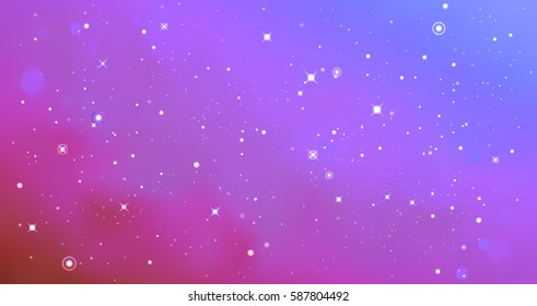 Vector colorful Illustration. Astrology horizontal violet background. Outer space blue backdrop. Universe. Turquoise galaxy. Purple fog. Blurred stars fond. cosmos. Magenta blur. Pastel color
