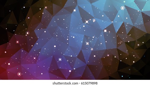 Vector colorful Illustration. Astrology horizontal cyan background. Outer space magenta backdrop. Universe. Turquoise galaxy. Fog. Dark blue fond. Stars. Cosmos. Abstract triangles.