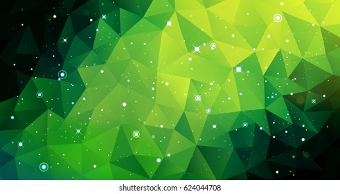 Vector colorful Illustration. Astrology horizontal bright green background. Outer space backdrop. Universe. Turquoise galaxy. Fog. Dark lime fond. Stars. Cosmos. Abstract triangles.