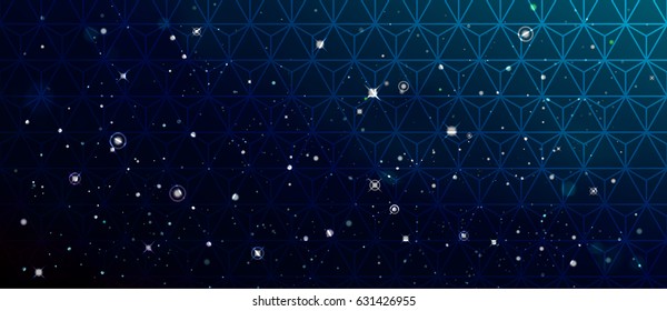 Vector colorful Illustration. Astrology horizontal cyan background. Outer space blue backdrop. Universe. Turquoise galaxy. Fog. Dark blurred fond. Stars. Black cosmos. Necker cube pattern. Polygonal 