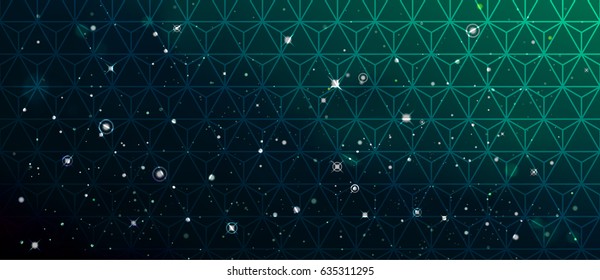 Vector colorful Illustration. Astrology horizontal cyan background. Outer space blue backdrop. Universe. Turquoise galaxy. Fog. Dark blurred fond. Stars. Black cosmos. Necker cube pattern. Polygonal 