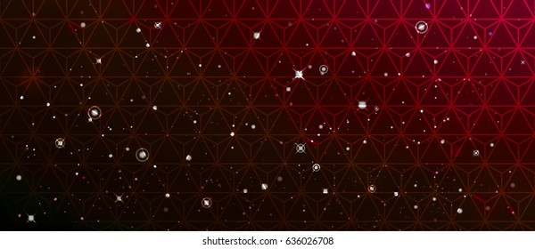 Vector colorful Illustration. Astrology horizontal red background. Outer space vinous backdrop. Universe. Galaxy. Crimson fog. Dark blurred fond. Stars. Black cosmos. Necker cube pattern. Polygonal 