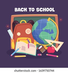 Vector colorful illustration backpack, books,  and other many school supplies on purple background. Bright design for web, site, advertising, banner, poster, board