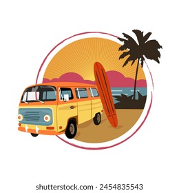 Vector colorful illustration of beach at sunset in retro style with circle, coconut palm, sunset, van on shore with surfboard, perfect for t-shirts, stickers. Isolated on white background