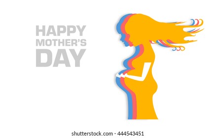 Vector colorful illustration beautiful pregnant woman white background. Card Happy Mothers Day for woman. Happy mothers day, love you mom, mommy, mum, best mother. For mother