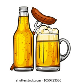 Vector colorful illustration of beer mug with sausage and glass bottle filled with light beer. Beer bottle and glass of beer with sausage, isolated on white background 1.1