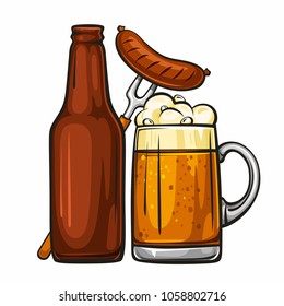 Vector colorful illustration of beer mug with sausage and glass brown bottle. Beer bottle and glass of light beer with sausage, isolated on white background 1.1